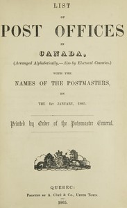 Book cover of "List of Post Offices in Canada, with the Names of the Postmasters ... 1865"