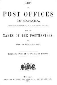 Book cover of "List of Post Offices in Canada, with the Names of the Postmasters ... 1866"