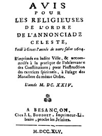 Book cover of "Avis pour les religieuses de l'ordre de l'Annonciade celeste, fondé à Genes l'année de notre Salut 1604 - R'imprimés en ladite Ville, & accomodés à la pratique de l'observance des Constitutions; pour l'instruction des exercices spirituels, à l'usag"