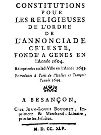 Book cover of "Constitutions pour les religieuses de l'ordre de l'annonciade céleste, fondé à Genes en l'Année 1604."