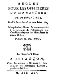 Book cover of "Regles pour les officieres du monastere de l'Annonciade, fondé à Genes l'année de notre Salut 1604"
