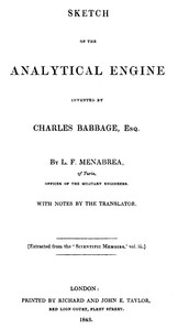 Book cover of "Sketch of the Analytical Engine invented by Charles Babbage, Esq."